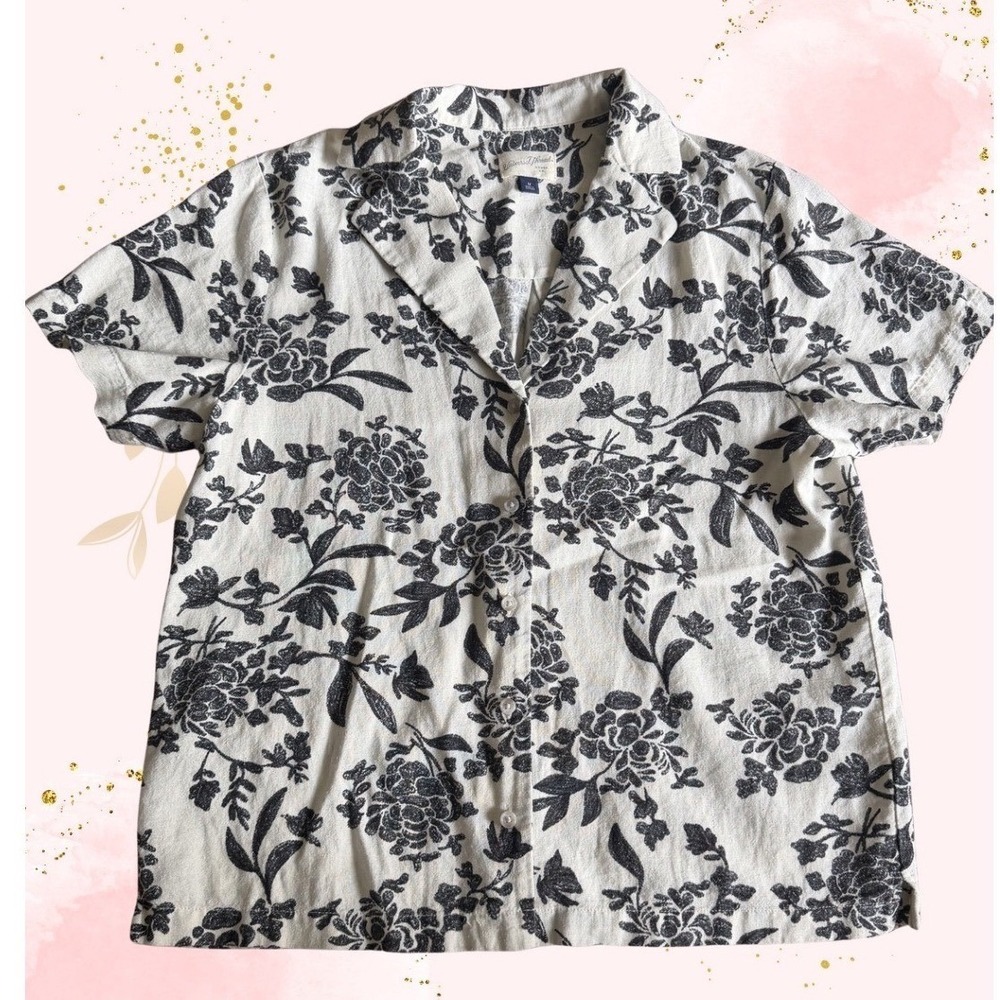 Universal Thread Womens Medium Linen Blend Floral Button Down‎ Camp Shirt